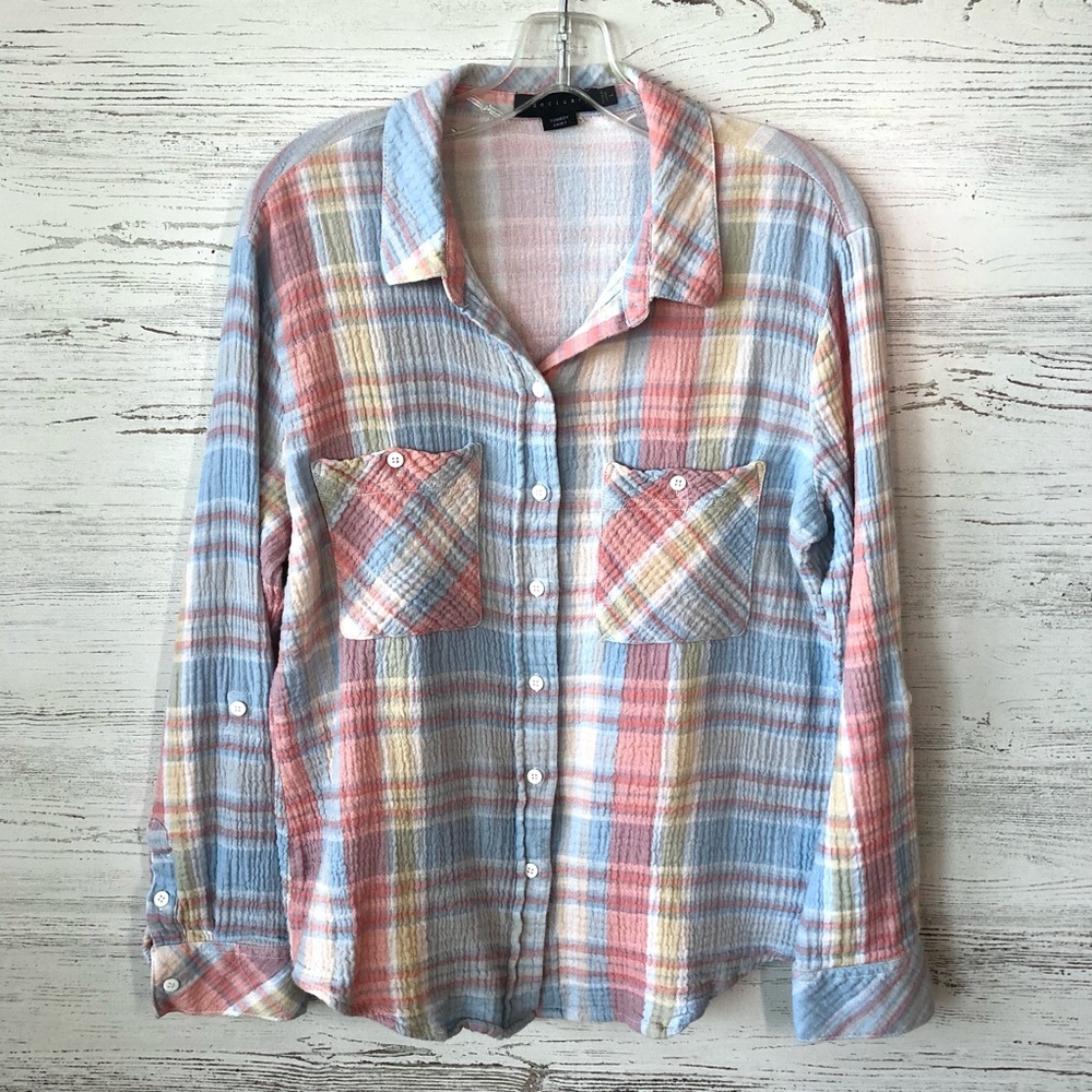 SANCTUARY Candy Pastel Plaid Seersucker Slub Cotton Tomboy Shirt L